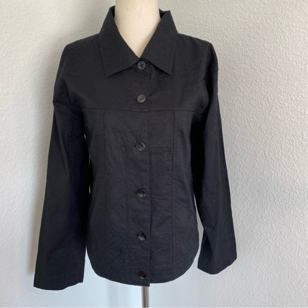 NWOT Chicos Embroidered Cotton Black Button Collar Long Sleeve Jacket Top SZ 12